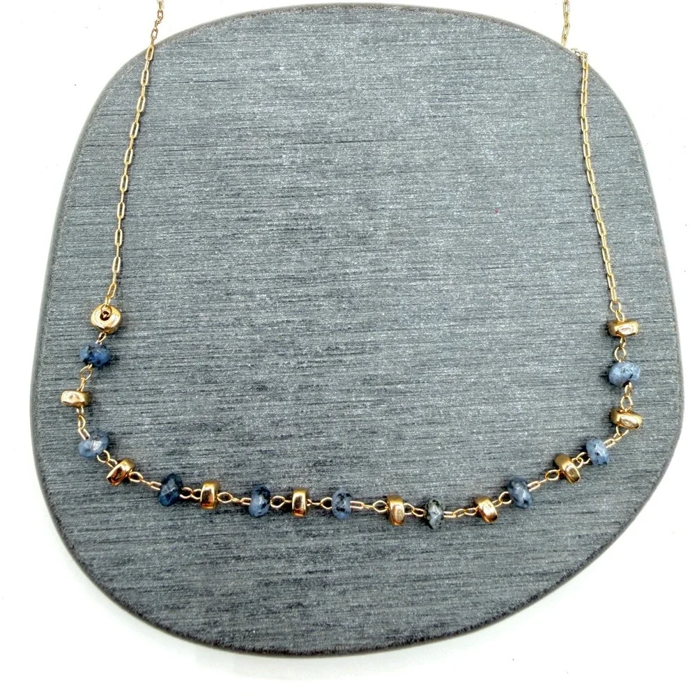 Gold Tone Blue Stone Beaded Station Necklace Delicate Boho Layering Jewelry